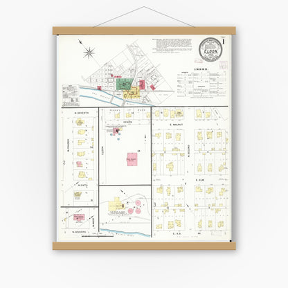 Old map wall art mockup — magnetic wood frame on white wall — Sanborn Fire Insurance Map from Eldon, Wapello County, Iowa (1907) â€” Complete Set