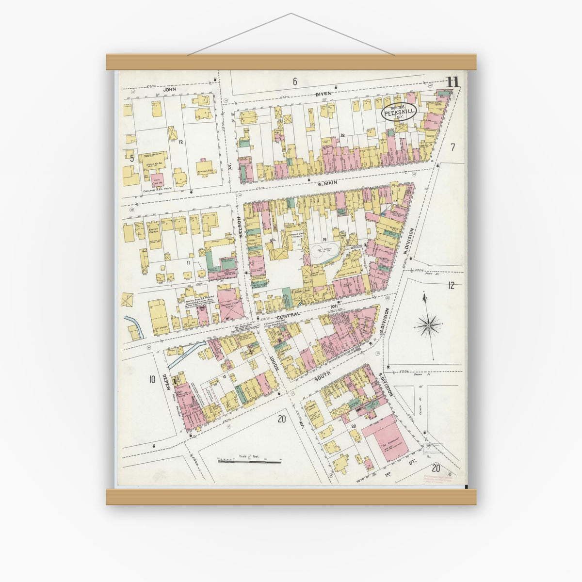 Old map wall art mockup — magnetic wood frame on white wall — Sanborn Fire Insurance Map from Peekskill, Westchester County, New York (1905), Sheet #0011