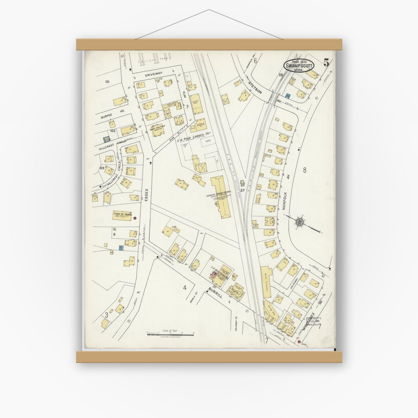 Old map wall art mockup — magnetic wood frame on white wall — Sanborn Fire Insurance Map from Swampscott, Essex County, Massachusetts (1920), Sheet #0005