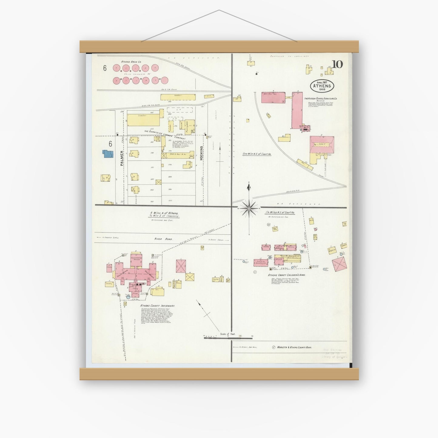 Old map wall art mockup — magnetic wood frame on white wall — Sanborn Fire Insurance Map from Athens, Athens County, Ohio (1907), Sheet #0010