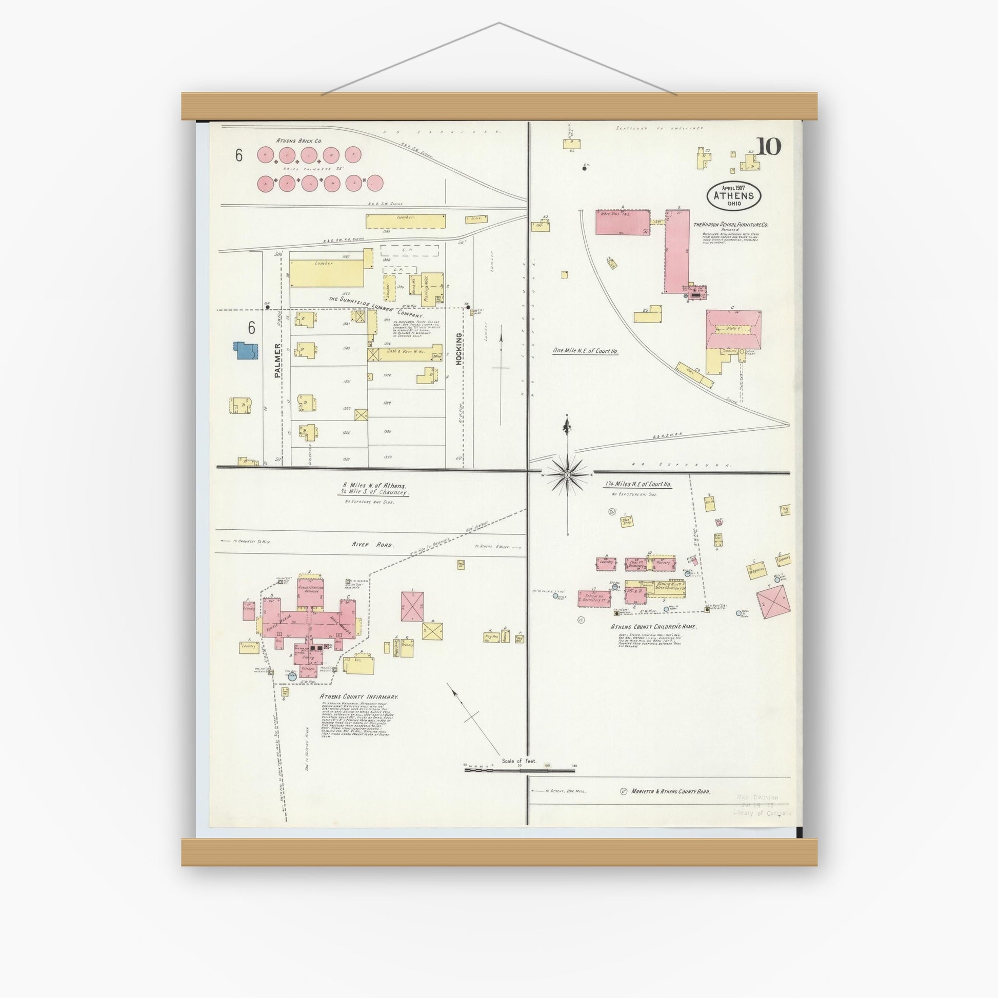 Old map wall art mockup — magnetic wood frame on white wall — Sanborn Fire Insurance Map from Athens, Athens County, Ohio (1907), Sheet #0010