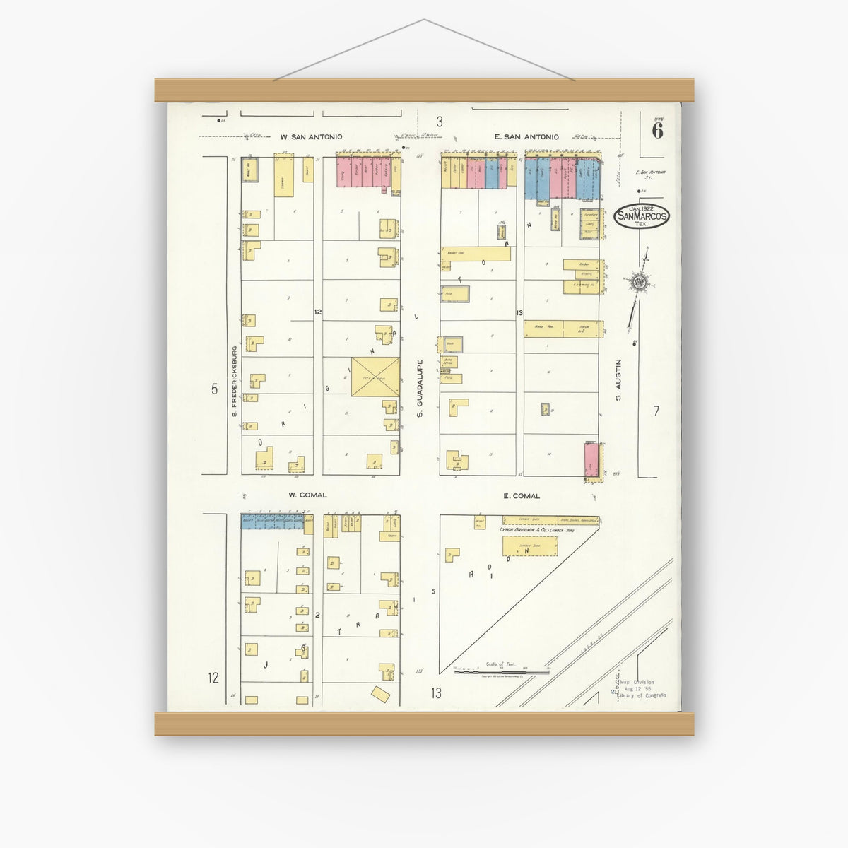 Old map wall art mockup — magnetic wood frame on white wall — Sanborn Fire Insurance Map from San Marcos, Hays County, Texas (1922), Sheet #0006