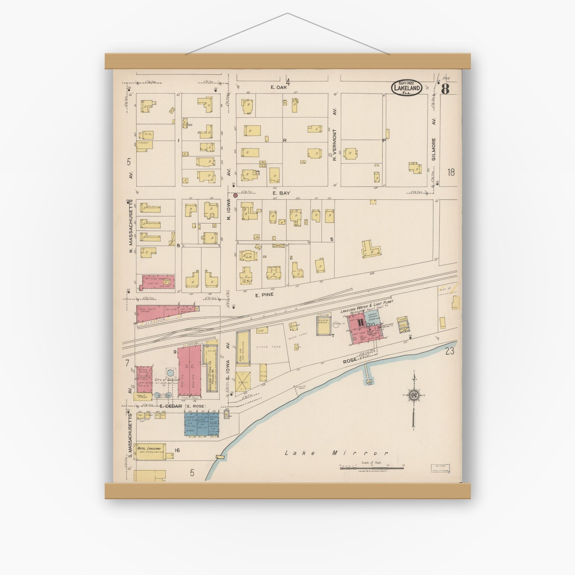 Old map wall art mockup — magnetic wood frame on white wall — Sanborn Fire Insurance Map from Lakeland, Polk County, Florida (1922), Sheet #0008