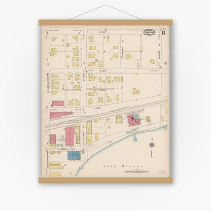 Old map wall art mockup — magnetic wood frame on white wall — Sanborn Fire Insurance Map from Lakeland, Polk County, Florida (1922), Sheet #0008
