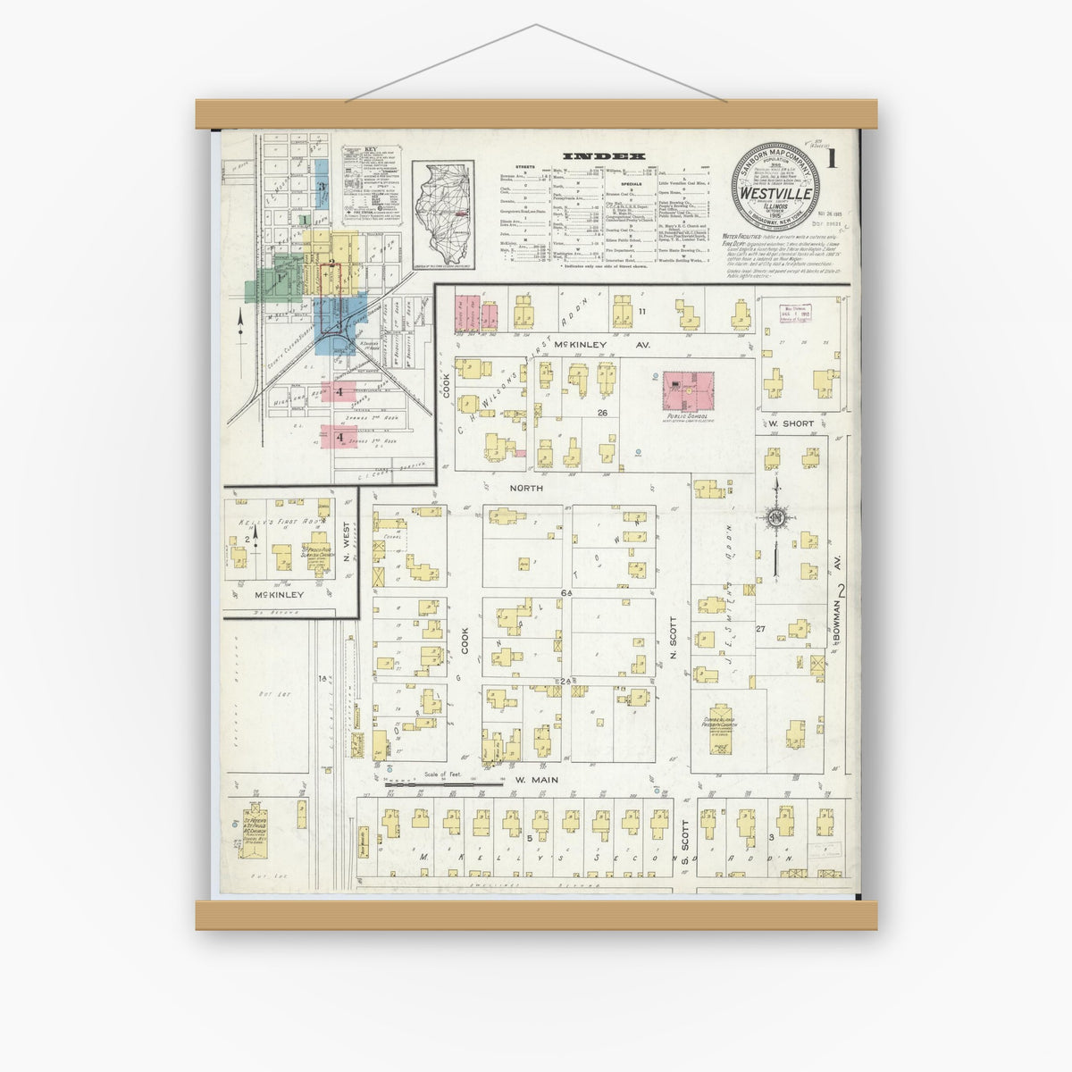 Old map wall art mockup — magnetic wood frame on white wall — Sanborn Fire Insurance Map from Westville, Vermilion County, Illinois (1915) - Complete Map Set