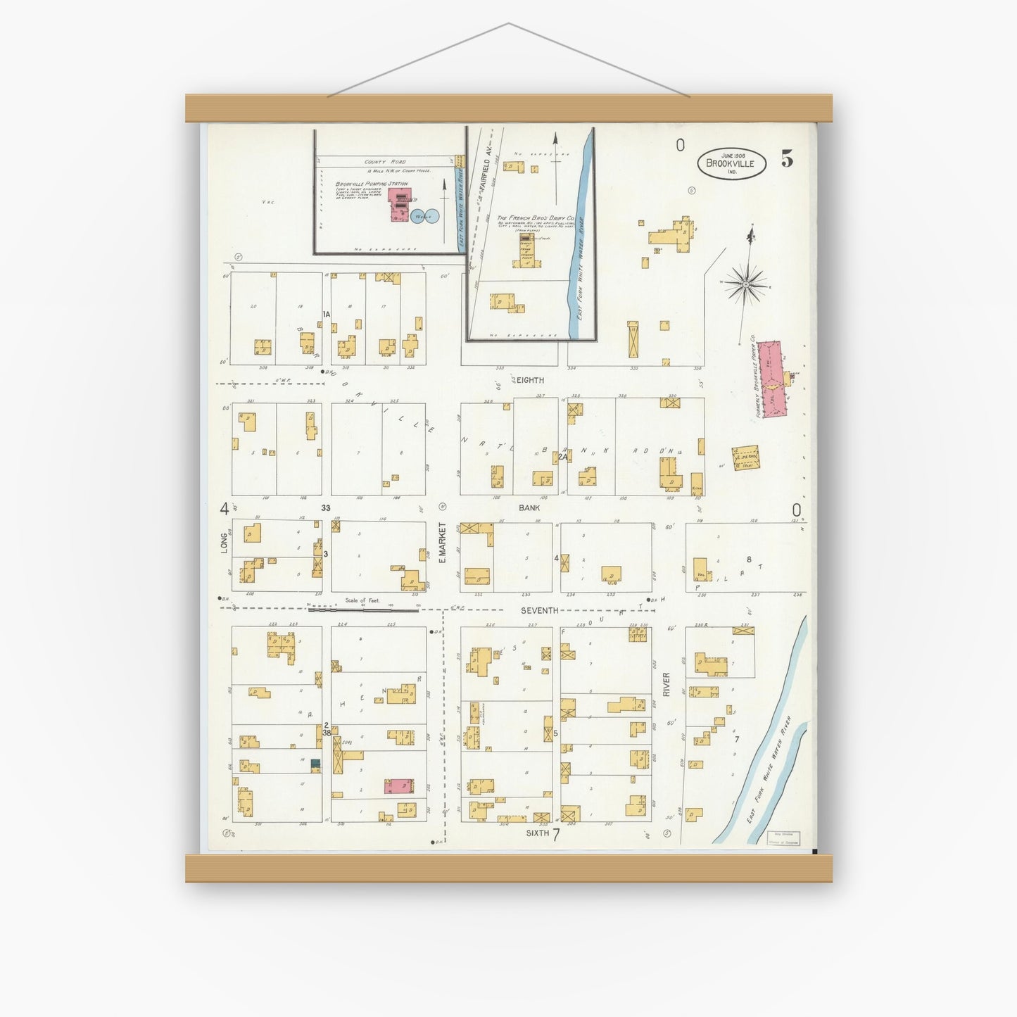 Old map wall art mockup — magnetic wood frame on white wall — Sanborn Fire Insurance Map from Brookville, Franklin County, Indiana (1906), Sheet #0005
