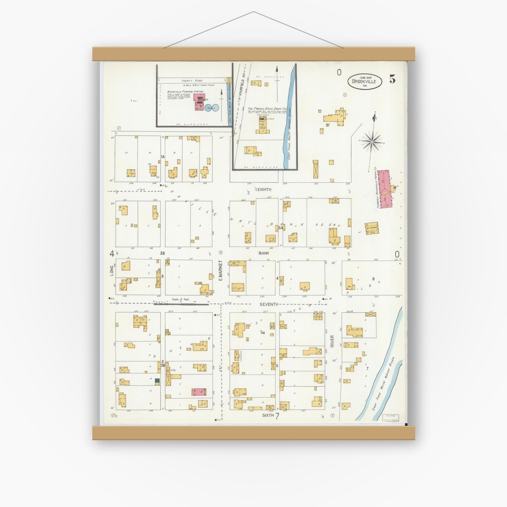 Old map wall art mockup — magnetic wood frame on white wall — Sanborn Fire Insurance Map from Brookville, Franklin County, Indiana (1906), Sheet #0005