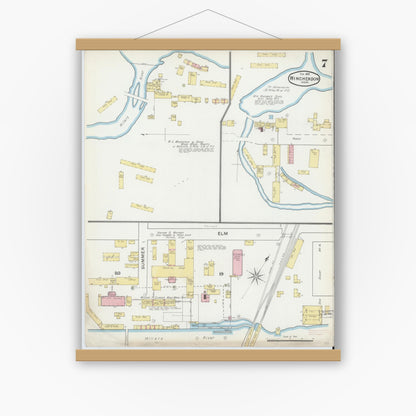 Old map wall art mockup — magnetic wood frame on white wall — Sanborn Fire Insurance Map from Winchendon, Worcester County, Massachusetts (1892), Sheet #0007