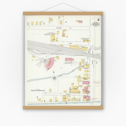 Old map wall art mockup — magnetic wood frame on white wall — Sanborn Fire Insurance Map from Newark, Wayne County, New York (1906), Sheet #0002