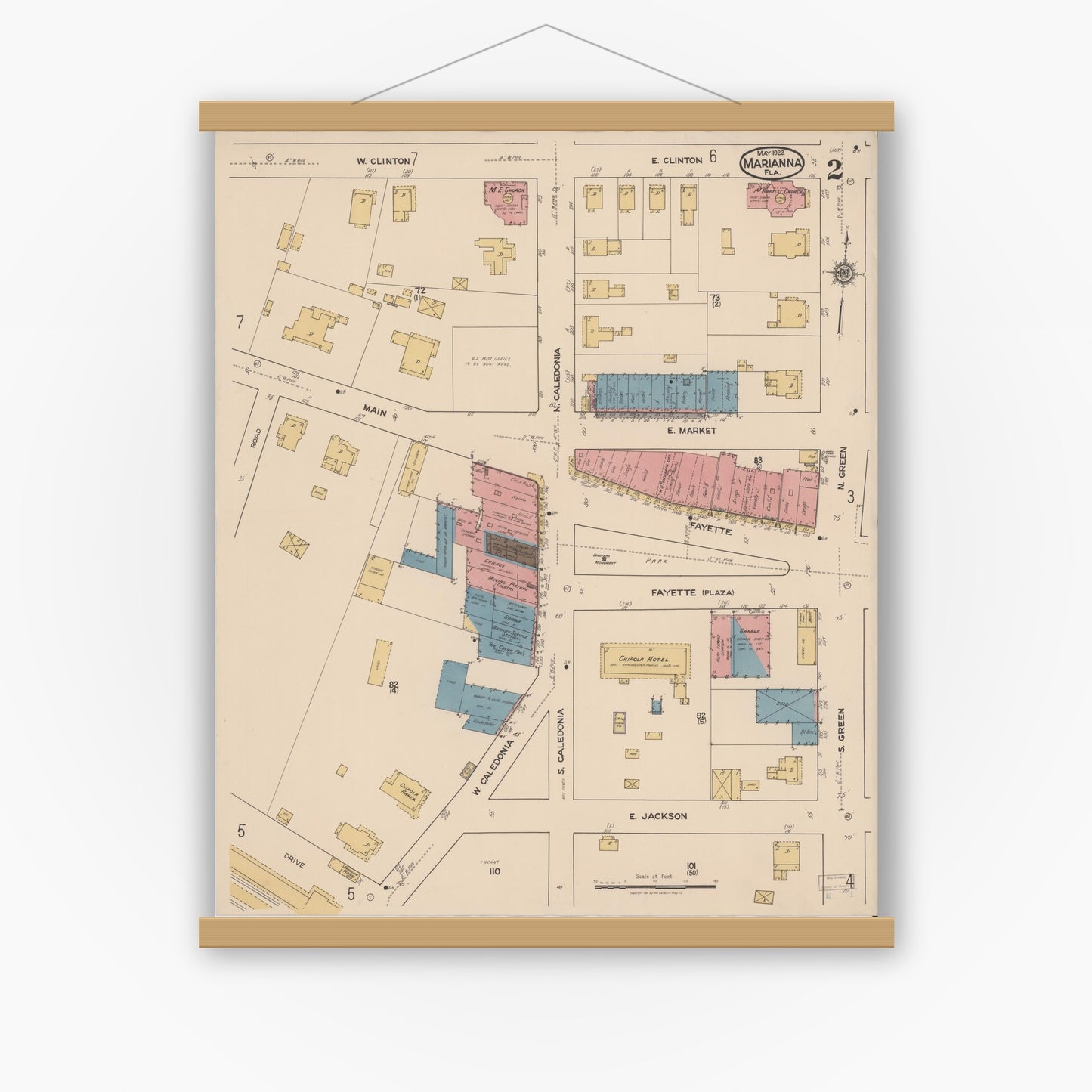 Old map wall art mockup — magnetic wood frame on white wall — Sanborn Fire Insurance Map from Marianna, Jackson County, Florida (1922), Sheet #0002