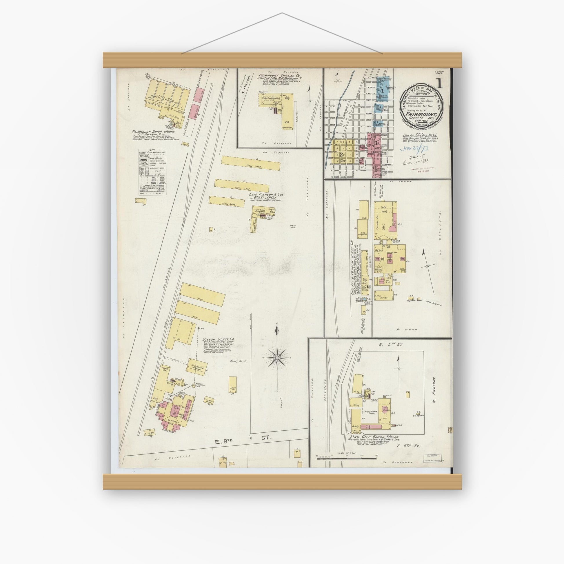 Old map wall art mockup — magnetic wood frame on white wall — Sanborn Fire Insurance Map from Fairmount, Grant County, Indiana (1893) - Complete Map Set