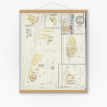 Old map wall art mockup — magnetic wood frame on white wall — Sanborn Fire Insurance Map from Fairmount, Grant County, Indiana (1893) - Complete Map Set