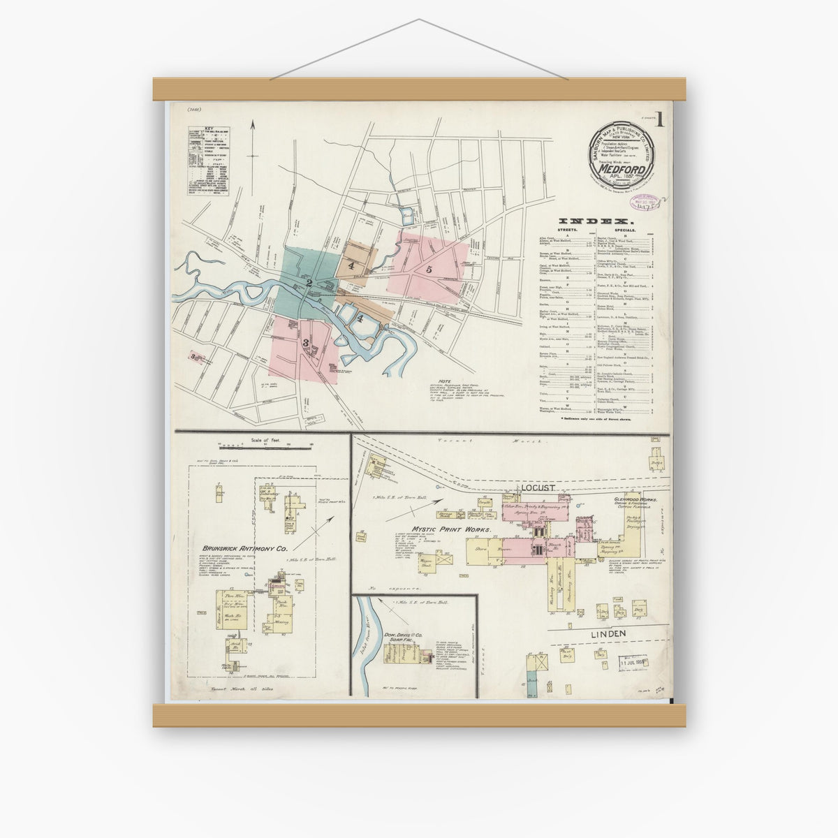 Old map wall art mockup — magnetic wood frame on white wall — Sanborn Fire Insurance Map from Medford, Middlesex County, Massachusetts (1887) - Complete Map Set