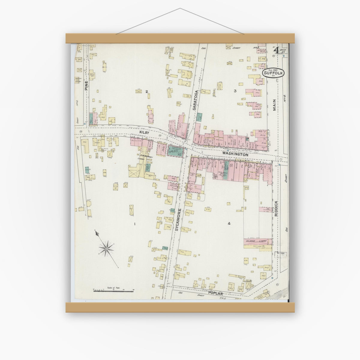 Old map wall art mockup — magnetic wood frame on white wall — Sanborn Fire Insurance Map from Suffolk, Independent Cities, Virginia (1889), Sheet #0004