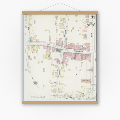 Old map wall art mockup — magnetic wood frame on white wall — Sanborn Fire Insurance Map from Suffolk, Independent Cities, Virginia (1889), Sheet #0004