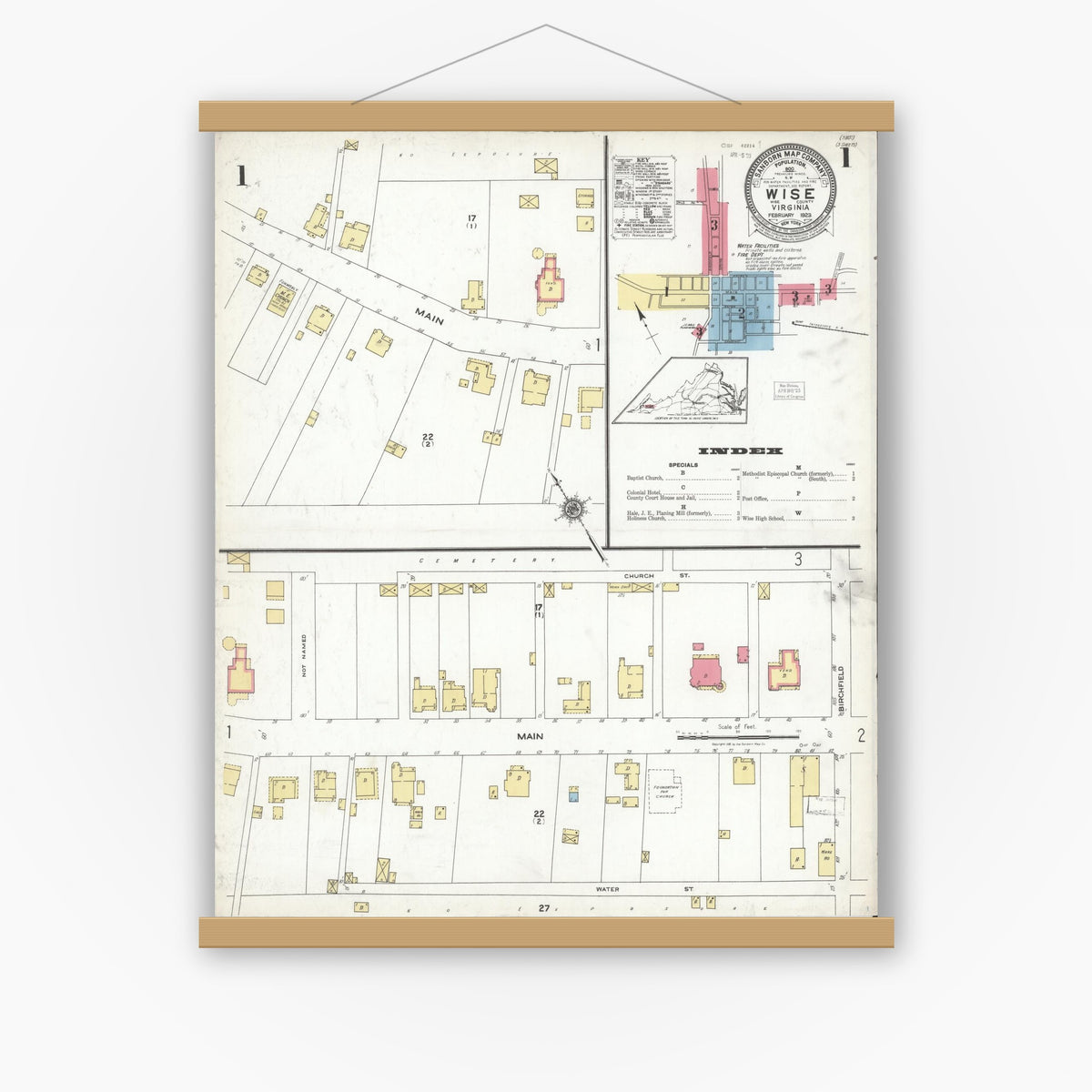 Old map wall art mockup — magnetic wood frame on white wall — Sanborn Fire Insurance Map from Wise, Wise County, Virginia (1923) - Complete Map Set