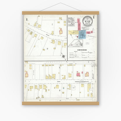Old map wall art mockup — magnetic wood frame on white wall — Sanborn Fire Insurance Map from Wise, Wise County, Virginia (1923) - Complete Map Set