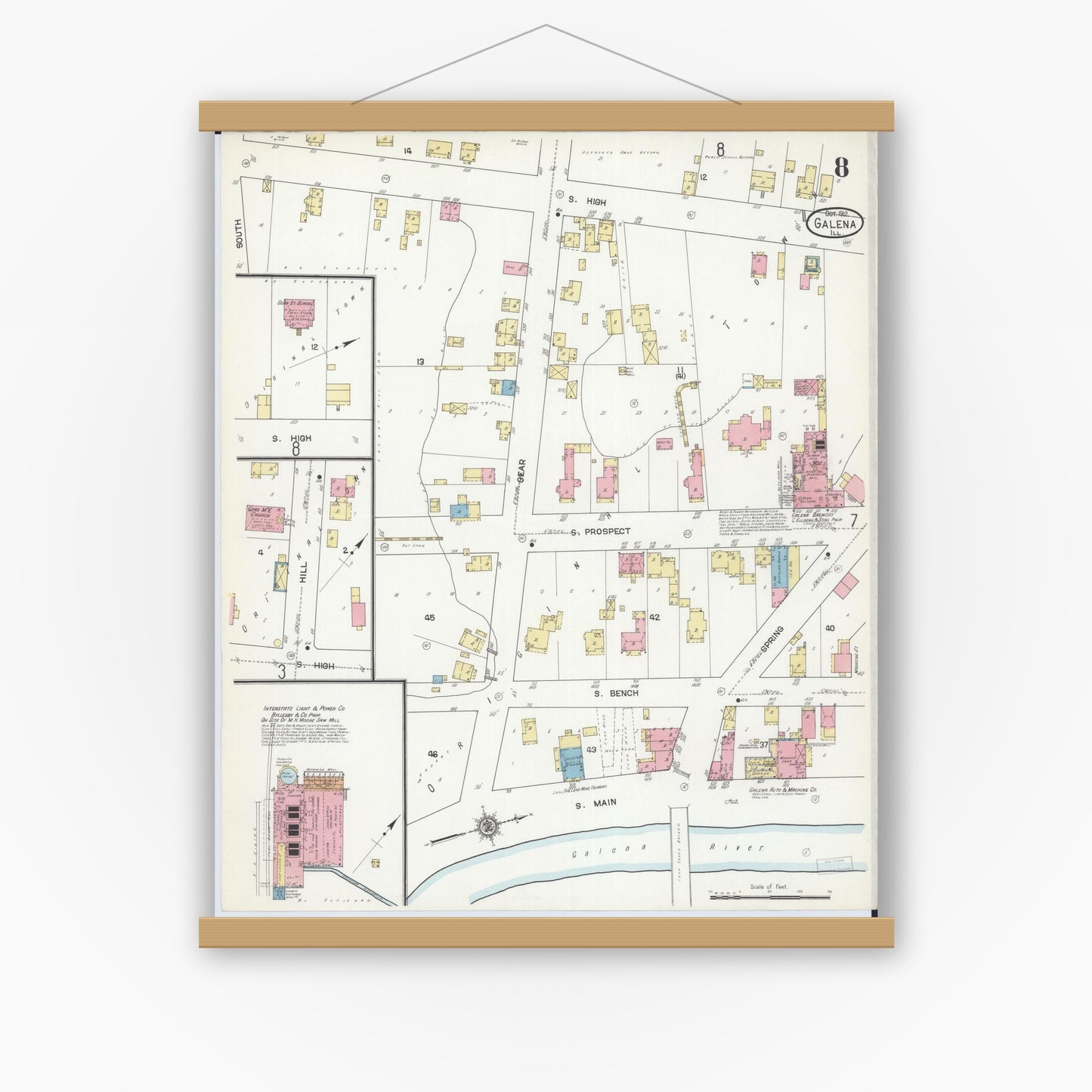 Old map wall art mockup — magnetic wood frame on white wall — Sanborn Fire Insurance Map from Galena, Jo Daviess County, Illinois (1912), Sheet #0008