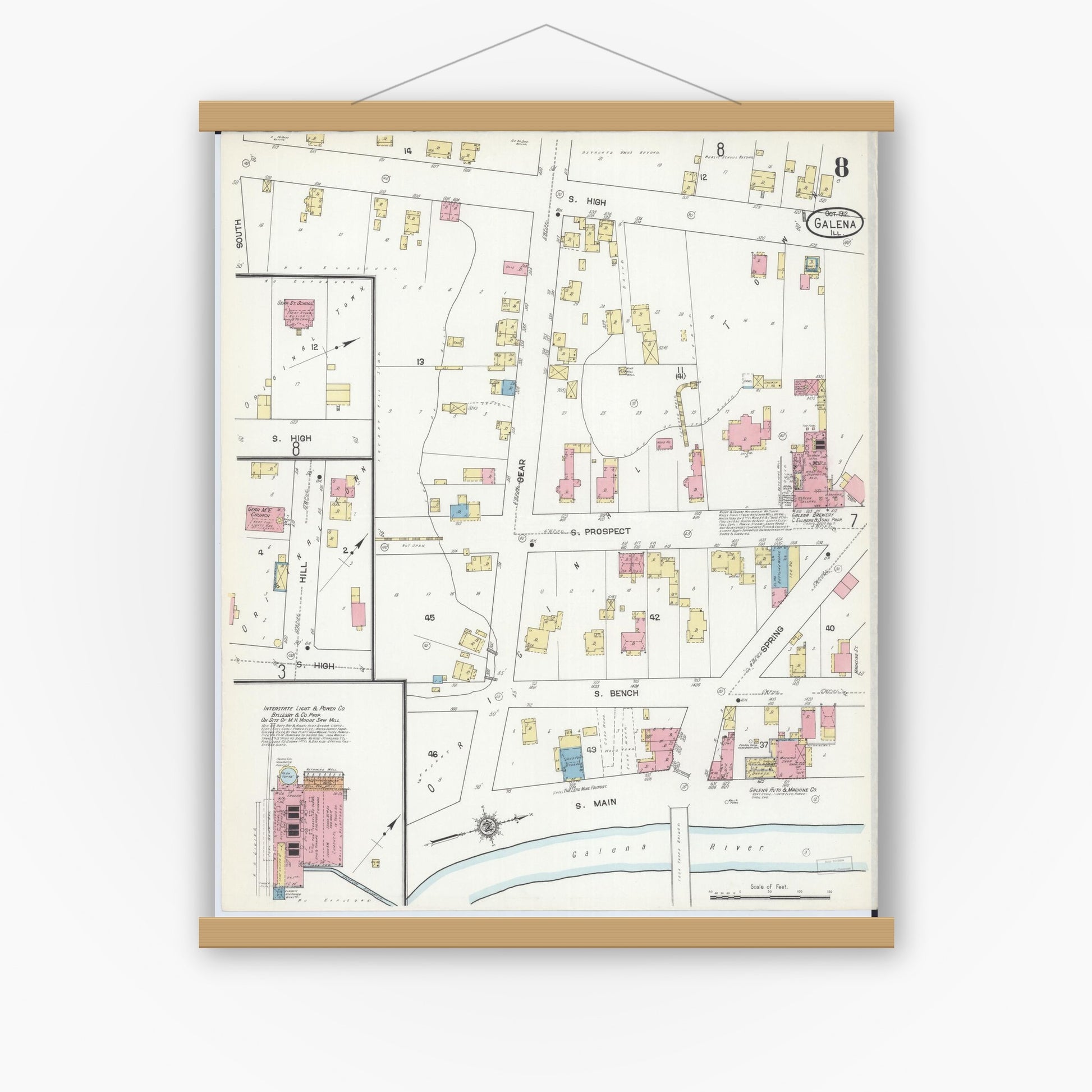 Old map wall art mockup — magnetic wood frame on white wall — Sanborn Fire Insurance Map from Galena, Jo Daviess County, Illinois (1912), Sheet #0008