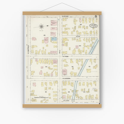 Old map wall art mockup — magnetic wood frame on white wall — Sanborn Fire Insurance Map from Ithaca, Tompkins County, New York (1888), Sheet #0003