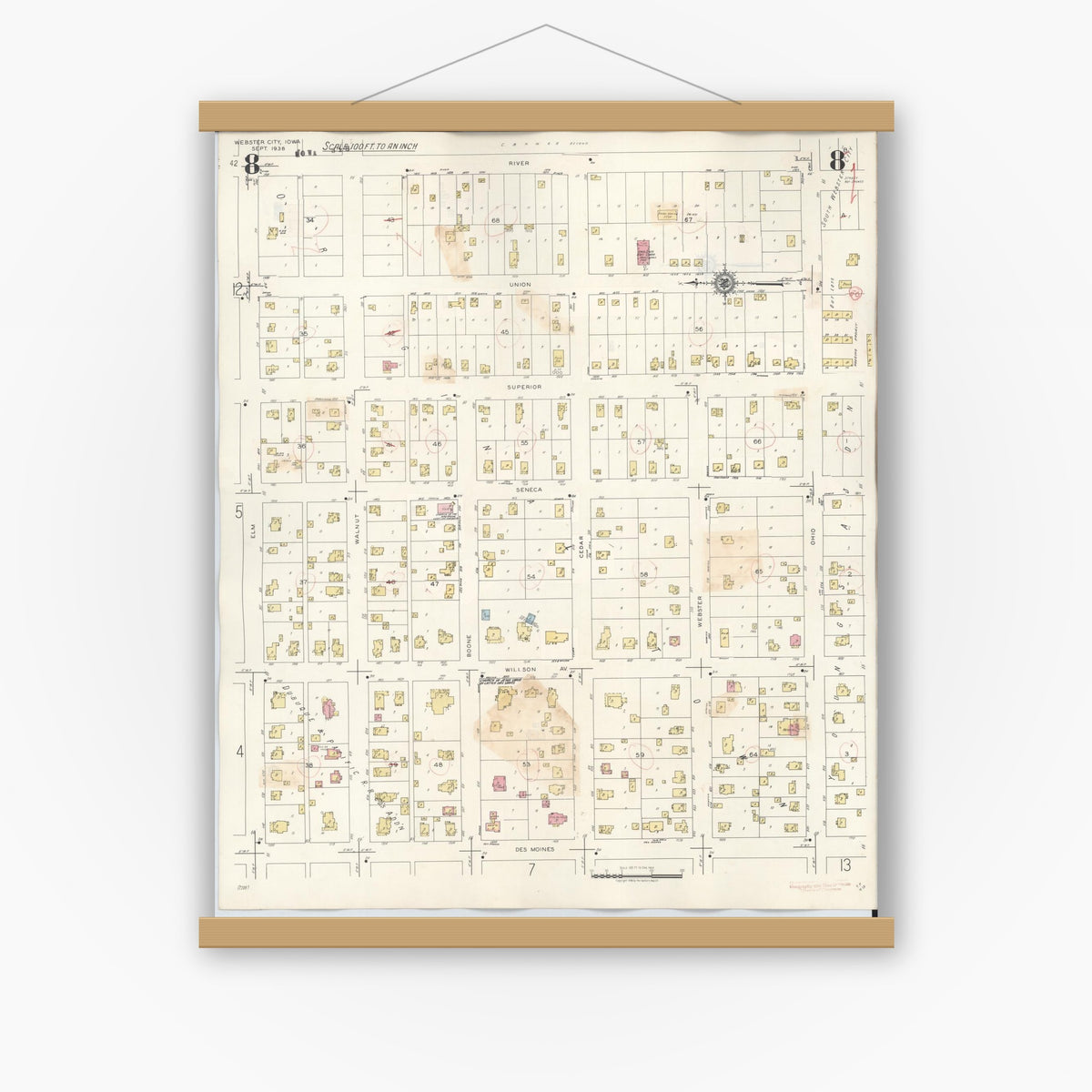 Old map wall art mockup — magnetic wood frame on white wall — Sanborn Fire Insurance Map from Webster City, Hamilton County, Iowa (1950), Sheet #0008