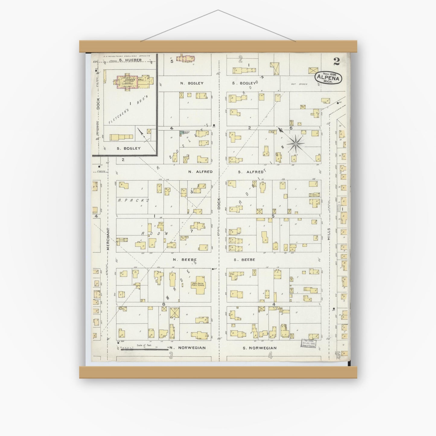 Old map wall art mockup — magnetic wood frame on white wall — Sanborn Fire Insurance Map from Alpena, Alpena County, Michigan (1895), Sheet #0002