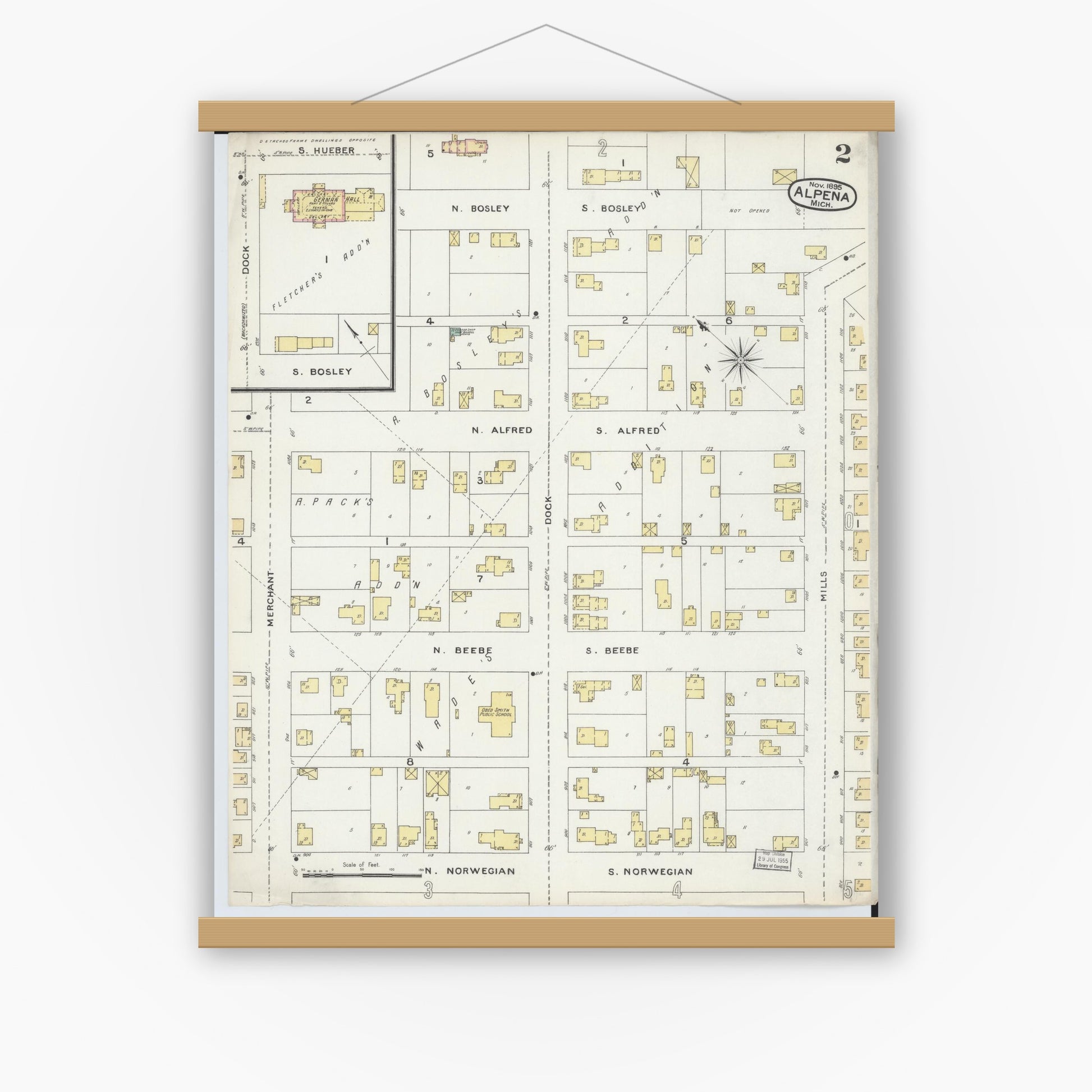 Old map wall art mockup — magnetic wood frame on white wall — Sanborn Fire Insurance Map from Alpena, Alpena County, Michigan (1895), Sheet #0002