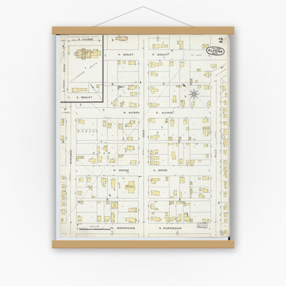 Old map wall art mockup — magnetic wood frame on white wall — Sanborn Fire Insurance Map from Alpena, Alpena County, Michigan (1895), Sheet #0002