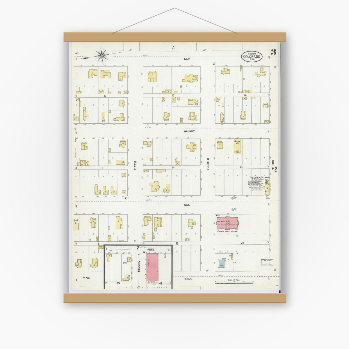 Old map wall art mockup — magnetic wood frame on white wall — Sanborn Fire Insurance Map from Colorado, Mitchell County, Texas (1902), Sheet #0003