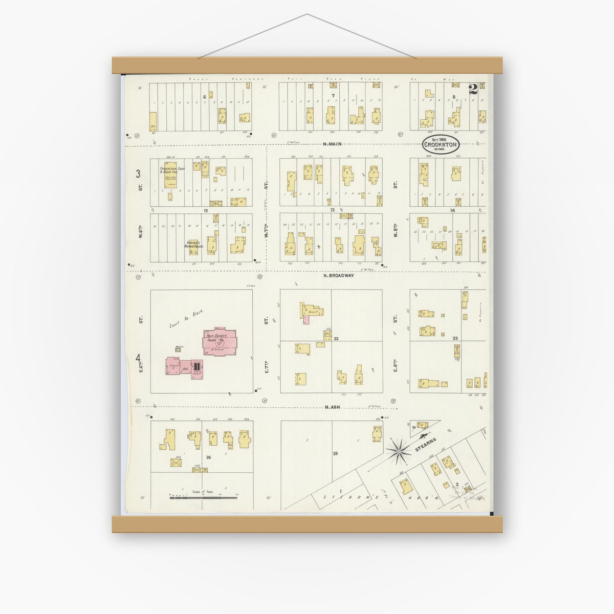 Old map wall art mockup — magnetic wood frame on white wall — Sanborn Fire Insurance Map from Crookston, Polk County, Minnesota (1906), Sheet #0002