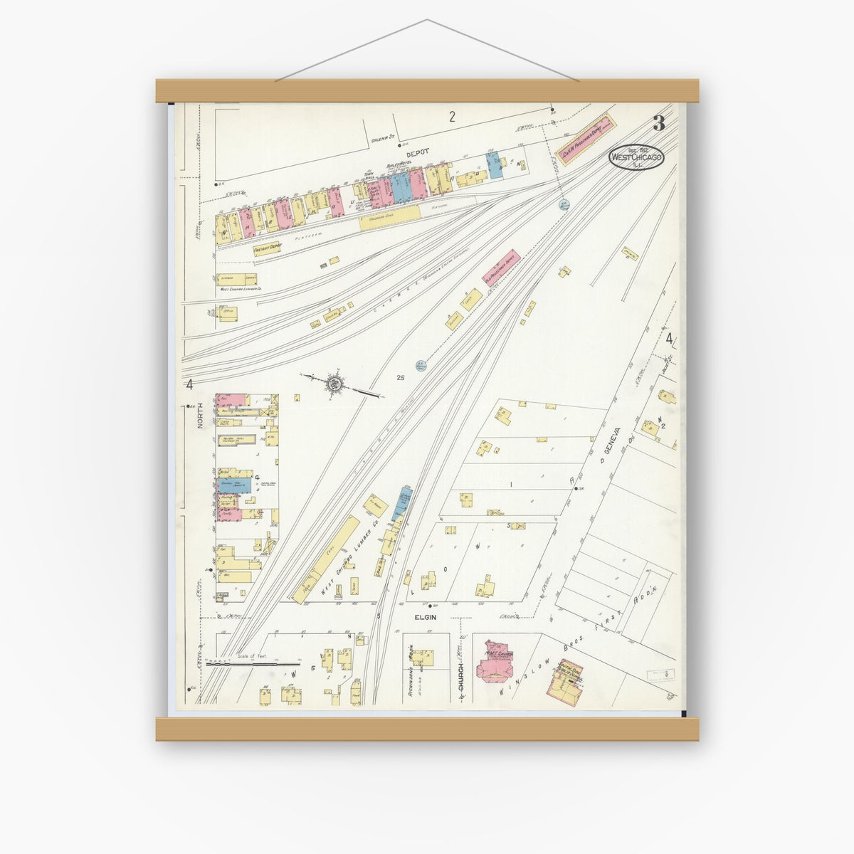 Old map wall art mockup — magnetic wood frame on white wall — Sanborn Fire Insurance Map from West Chicago, Du Page County, Illinois (1912), Sheet #0003