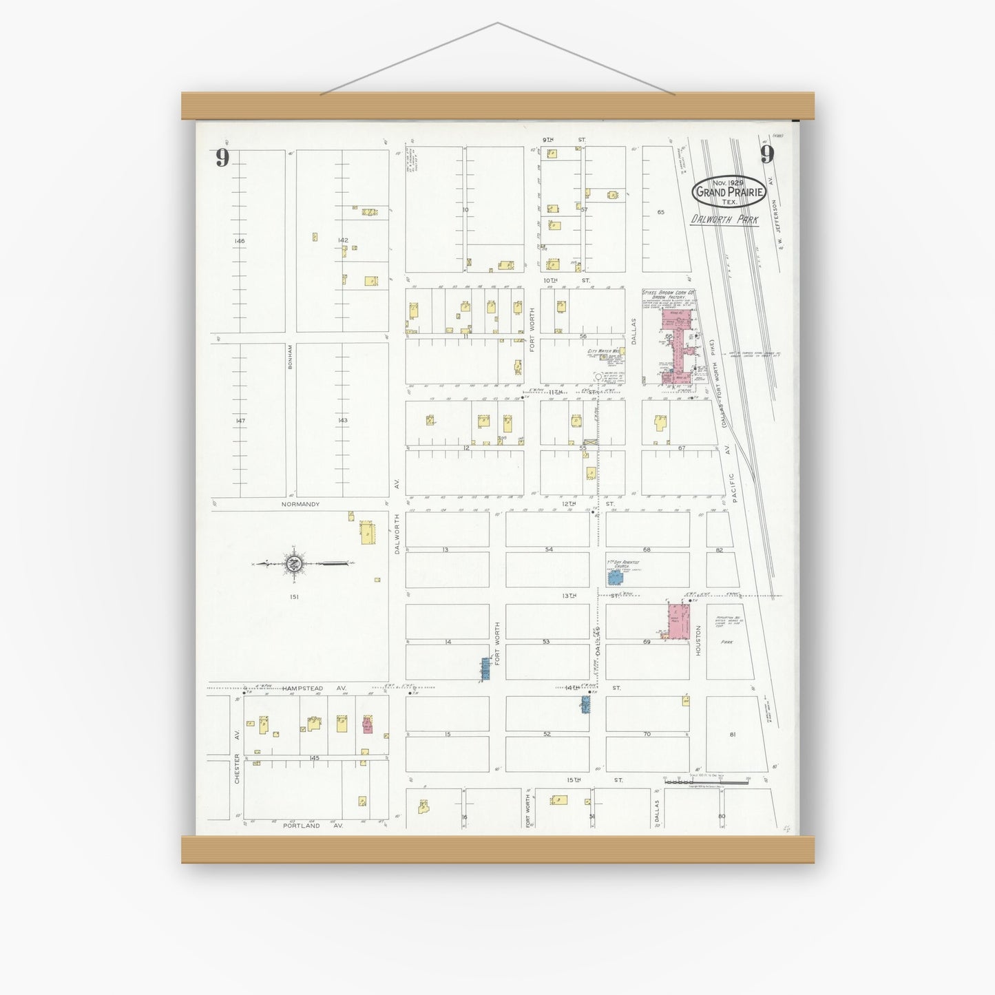 Old map wall art mockup — magnetic wood frame on white wall — Sanborn Fire Insurance Map from Grand Prairie, Dallas County, Texas (1929), Sheet #0009
