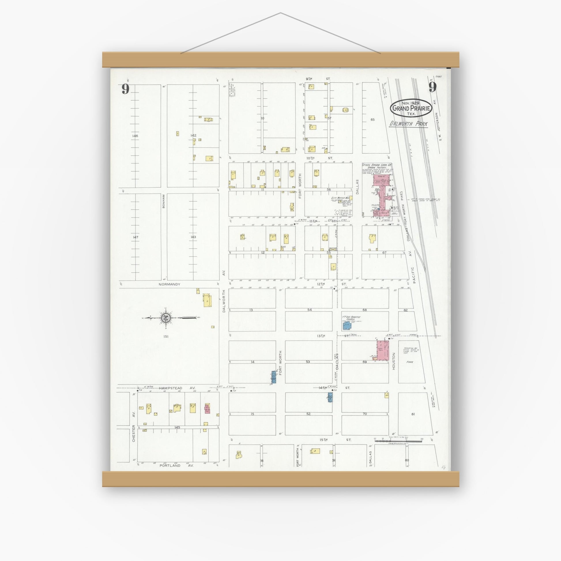 Old map wall art mockup — magnetic wood frame on white wall — Sanborn Fire Insurance Map from Grand Prairie, Dallas County, Texas (1929), Sheet #0009