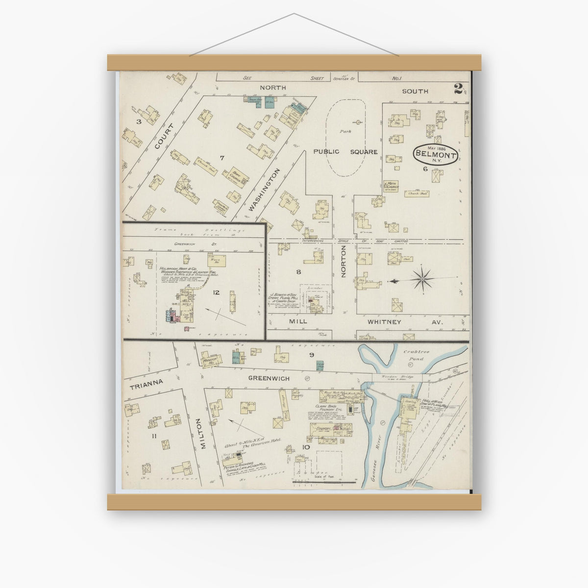 Old map wall art mockup — magnetic wood frame on white wall — Sanborn Fire Insurance Map from Belmont, Allegany County, New York (1886), Sheet #0002