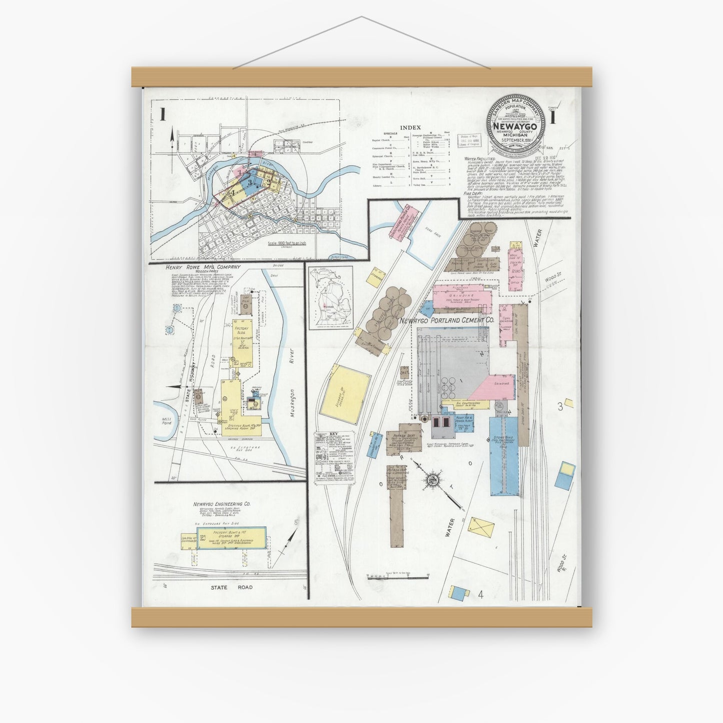 Old map wall art mockup — magnetic wood frame on white wall — Sanborn Fire Insurance Map from Newaygo, Newaygo County, Michigan (1930) - Complete Map Set