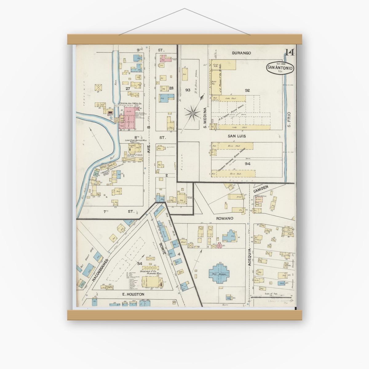 Old map wall art mockup — magnetic wood frame on white wall — Sanborn Fire Insurance Map from San Antonio, Bexar County, Texas (1888), Sheet #0014