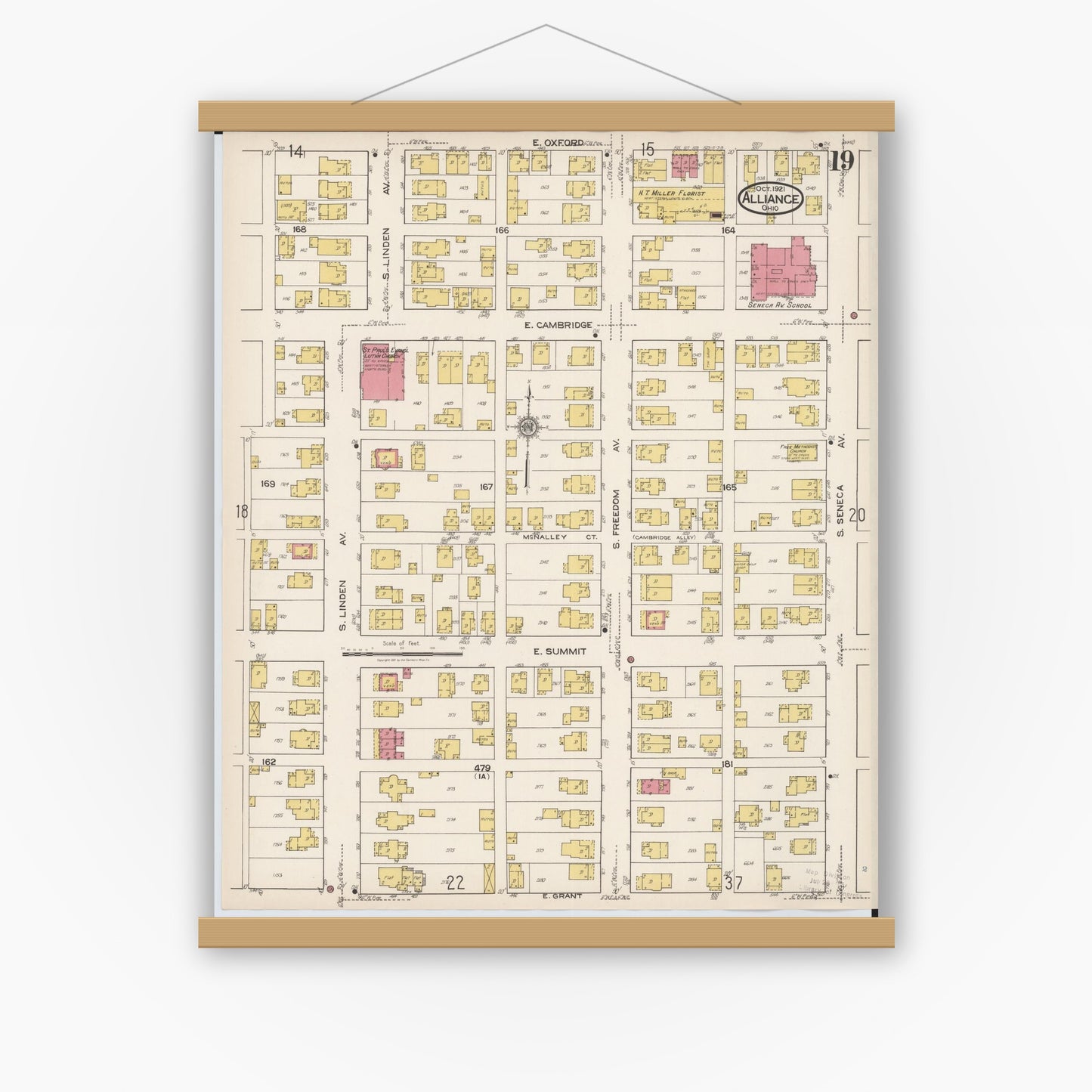 Old map wall art mockup — magnetic wood frame on white wall — Sanborn Fire Insurance Map from Alliance, Stark County, Ohio (1921), Sheet #0019