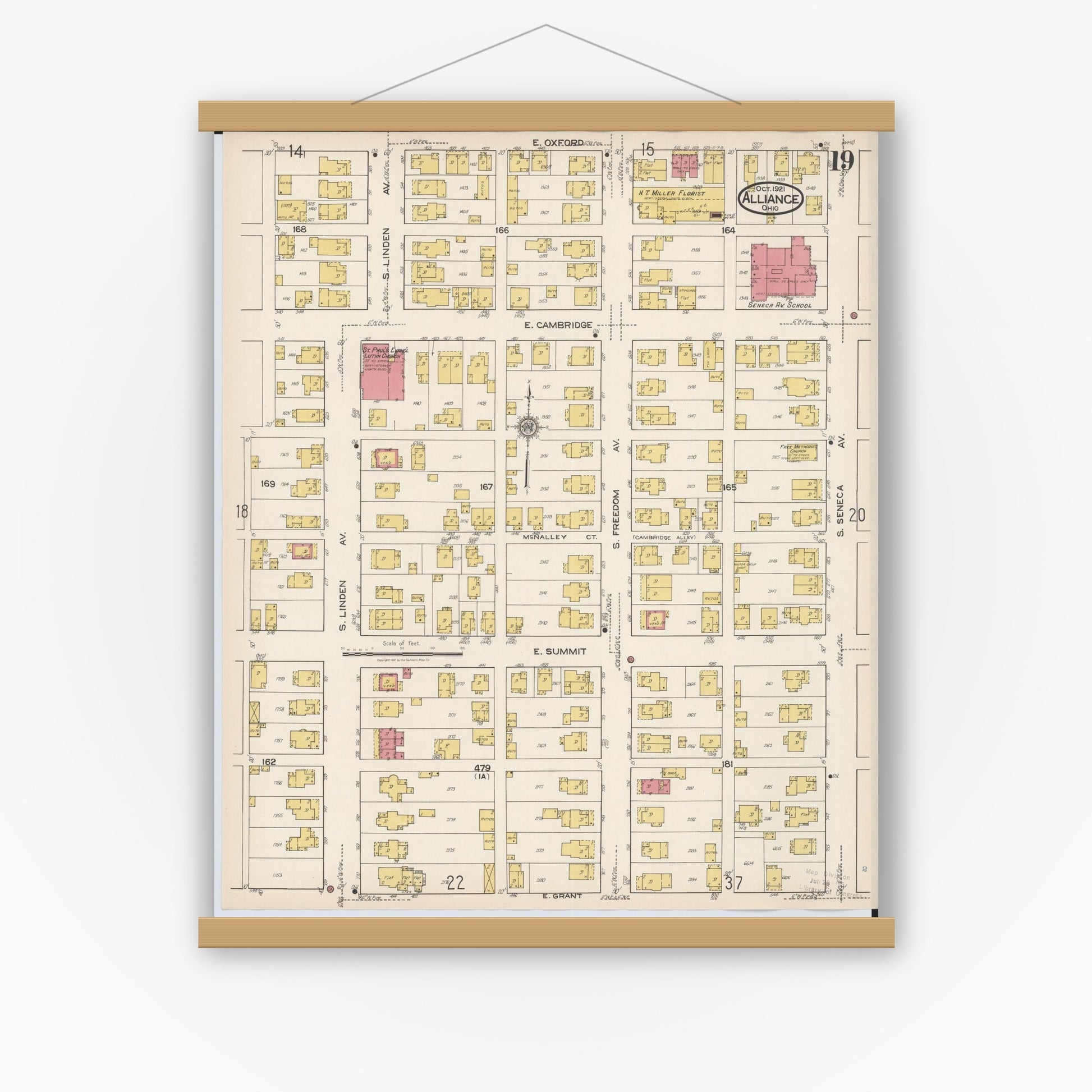 Old map wall art mockup — magnetic wood frame on white wall — Sanborn Fire Insurance Map from Alliance, Stark County, Ohio (1921), Sheet #0019