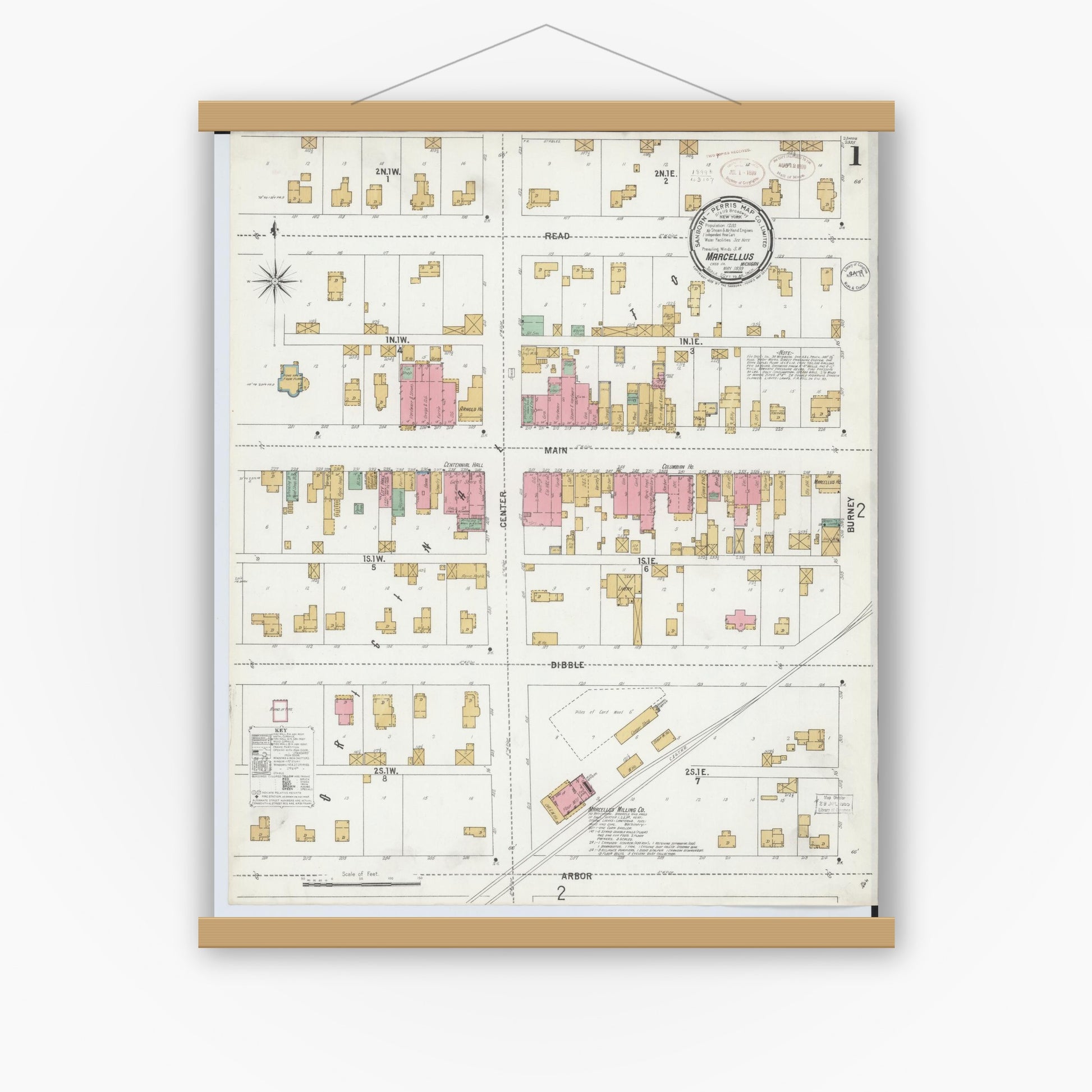 Old map wall art mockup — magnetic wood frame on white wall — Sanborn Fire Insurance Map from Marcellus, Cass County, Michigan (1899) - Complete Map Set
