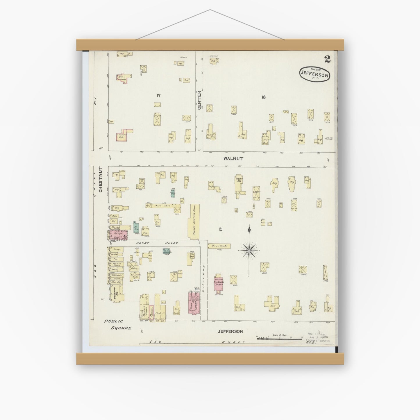 Old map wall art mockup — magnetic wood frame on white wall — Sanborn Fire Insurance Map from Jefferson, Ashtabula County, Ohio (1890), Sheet #0002