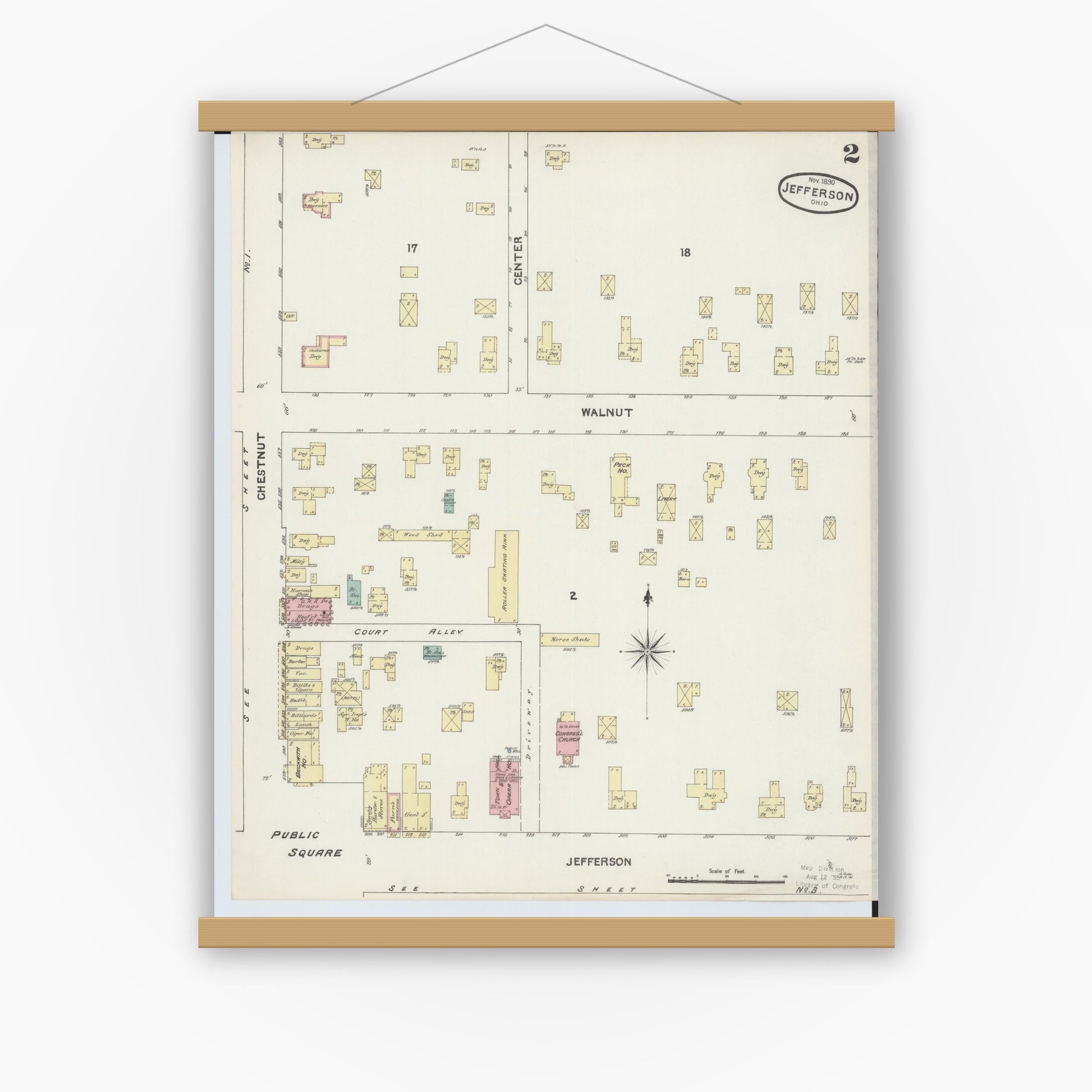 Old map wall art mockup — magnetic wood frame on white wall — Sanborn Fire Insurance Map from Jefferson, Ashtabula County, Ohio (1890), Sheet #0002
