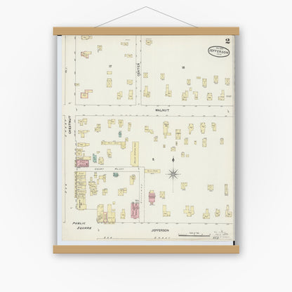 Old map wall art mockup — magnetic wood frame on white wall — Sanborn Fire Insurance Map from Jefferson, Ashtabula County, Ohio (1890), Sheet #0002
