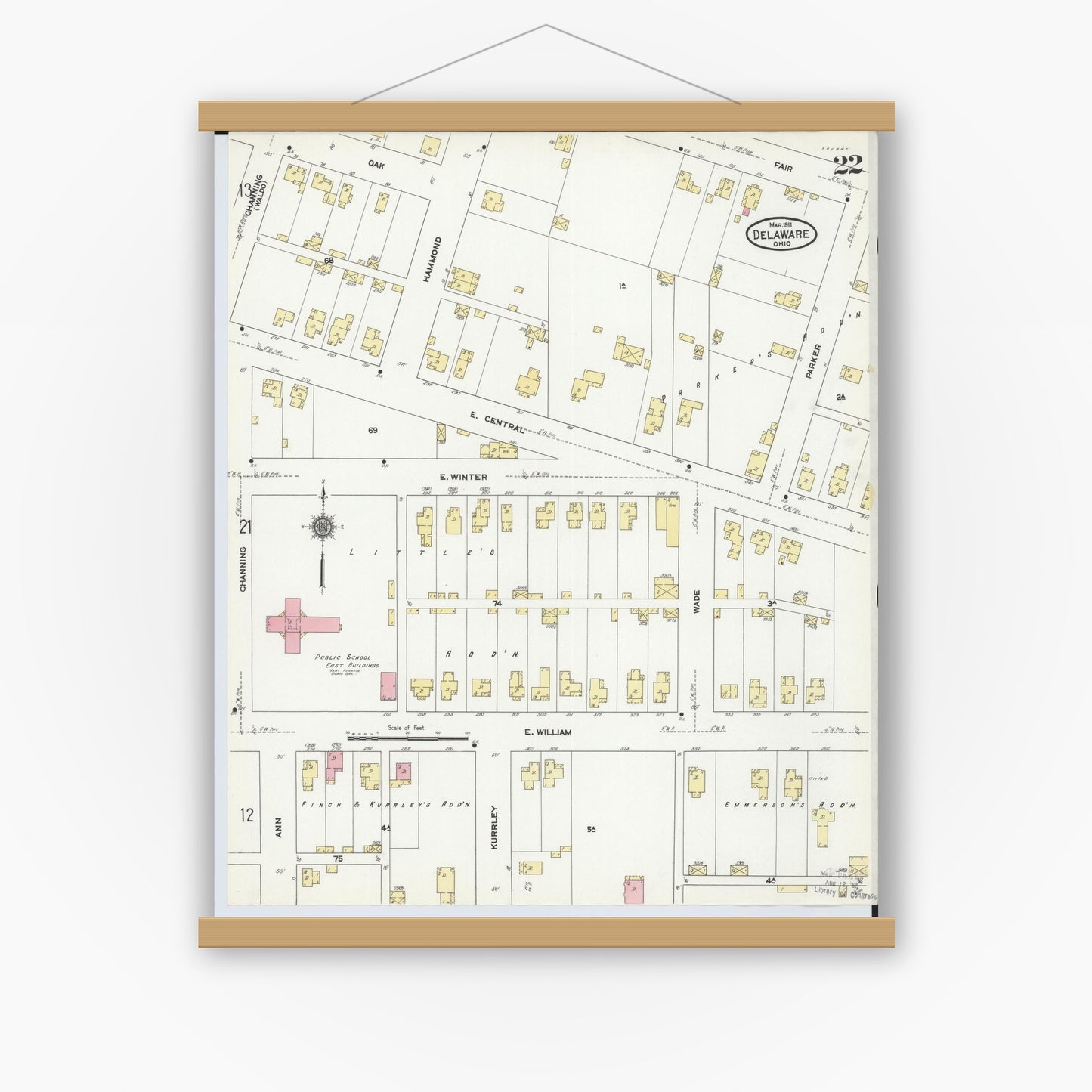 Old map wall art mockup — magnetic wood frame on white wall — Sanborn Fire Insurance Map from Delaware, Delaware County, Ohio (1911), Sheet #0022