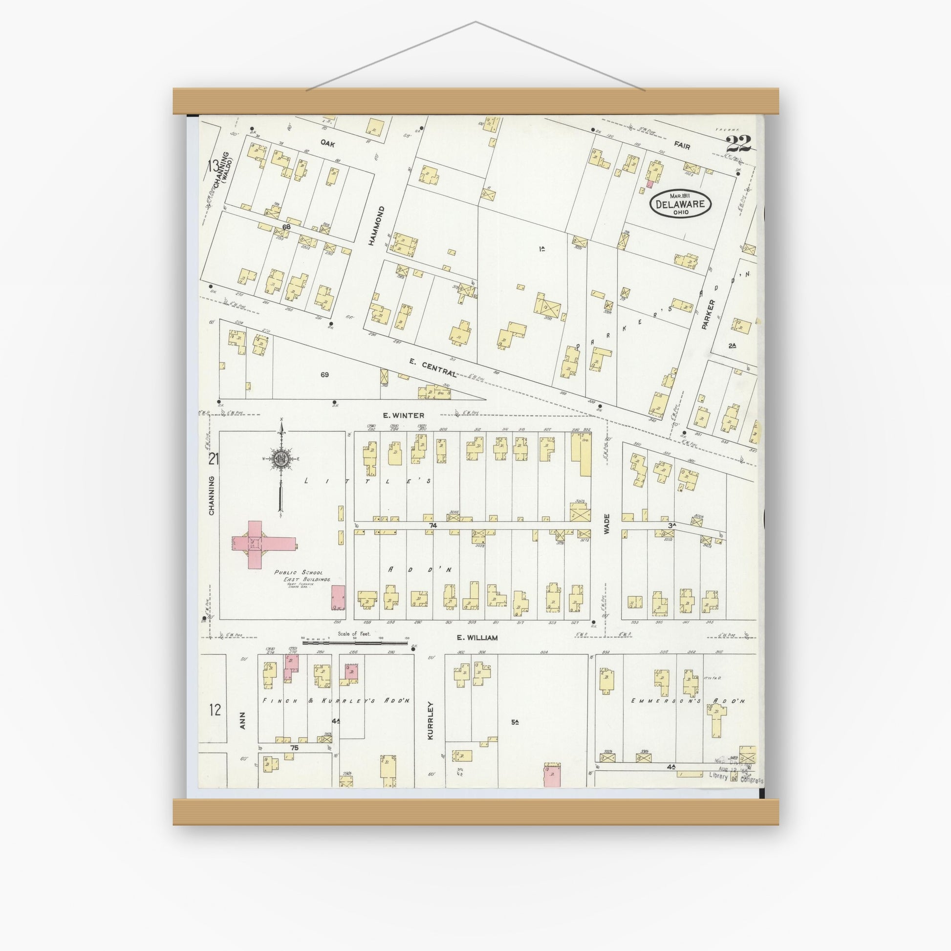 Old map wall art mockup — magnetic wood frame on white wall — Sanborn Fire Insurance Map from Delaware, Delaware County, Ohio (1911), Sheet #0022