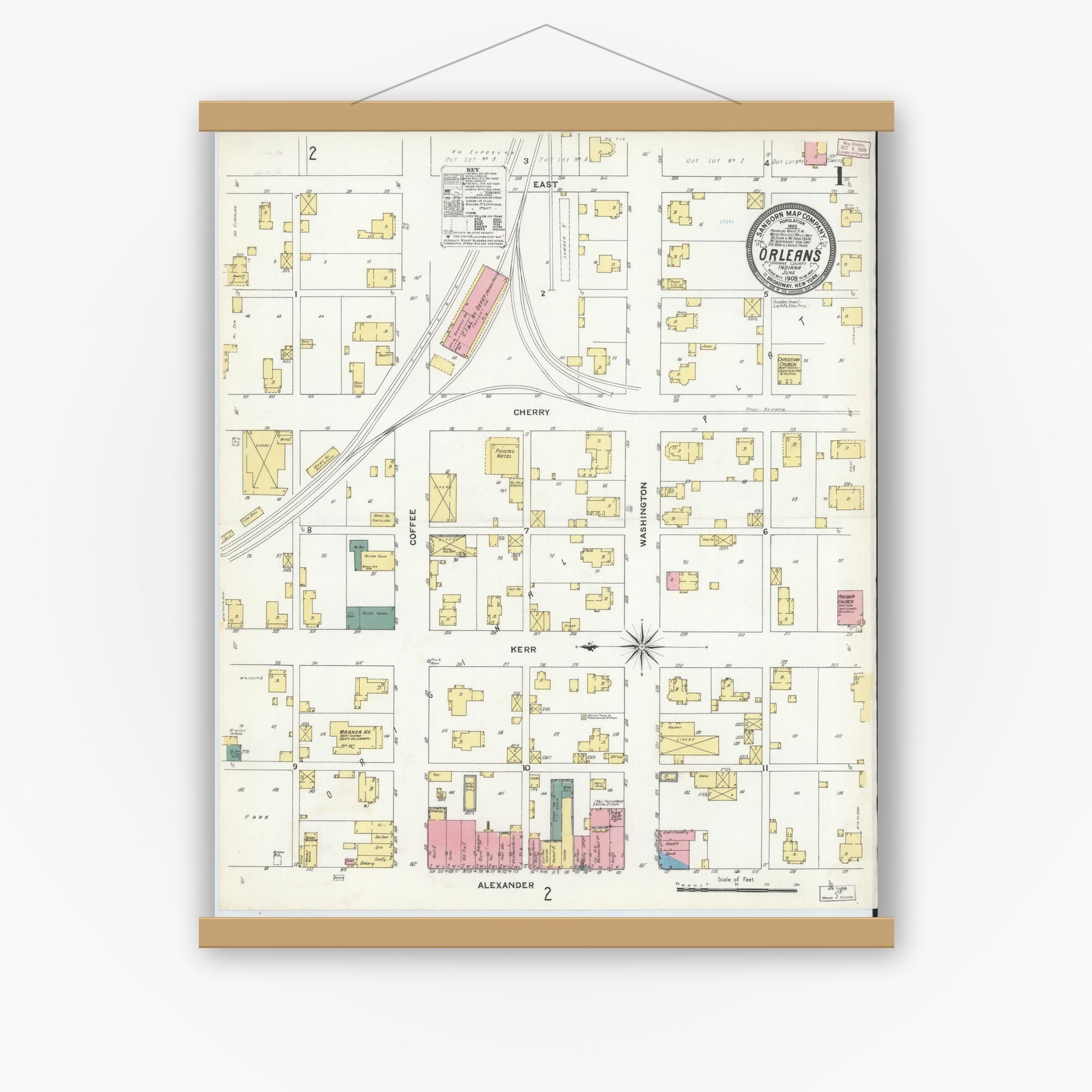 Old map wall art mockup — magnetic wood frame on white wall — Sanborn Fire Insurance Map from Orleans, Orange County, Indiana (1909) - Complete Map Set
