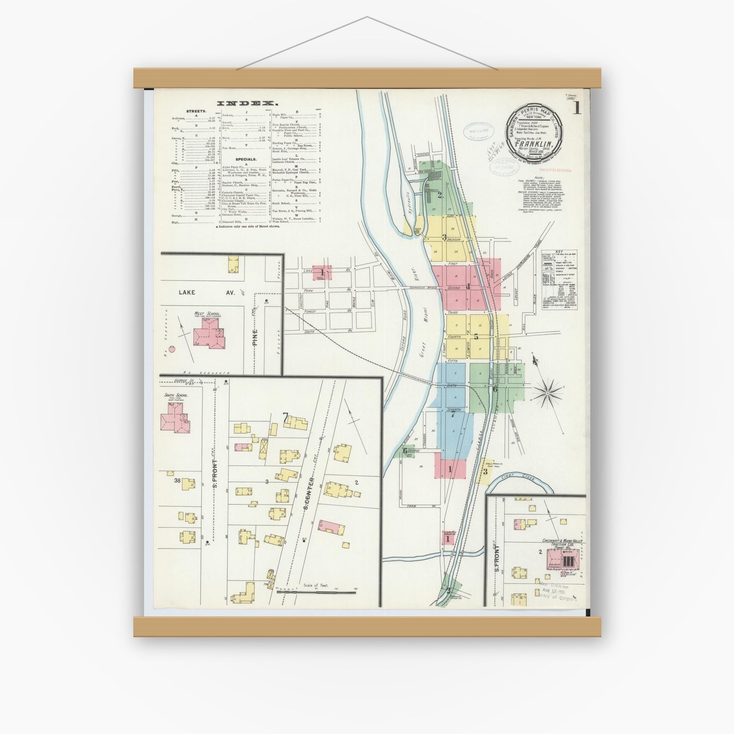 Old map wall art mockup — magnetic wood frame on white wall — Sanborn Fire Insurance Map from Franklin, Warren County, Ohio (1898), Sheet #0001
