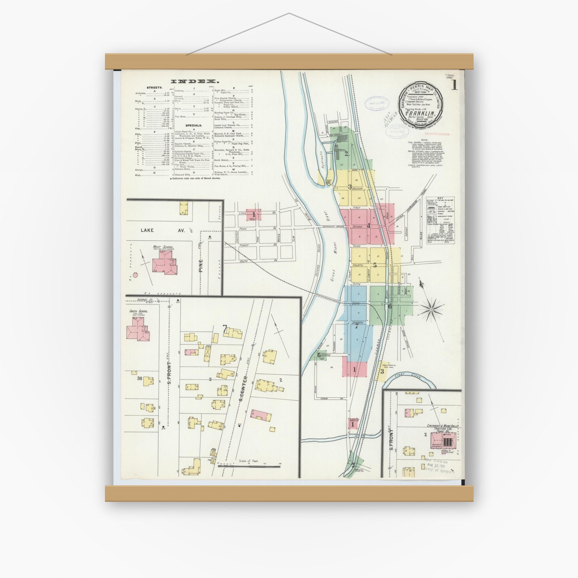 Old map wall art mockup — magnetic wood frame on white wall — Sanborn Fire Insurance Map from Franklin, Warren County, Ohio (1898), Sheet #0001