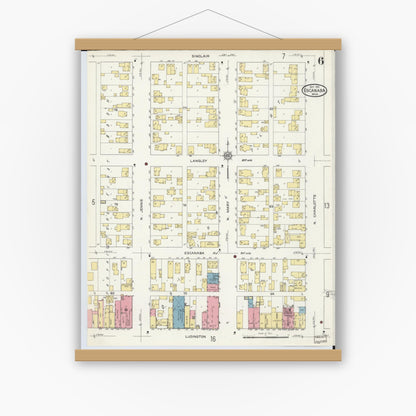 Old map wall art mockup — magnetic wood frame on white wall — Sanborn Fire Insurance Map from Escanaba, Delta County, Michigan (1913), Sheet #0006
