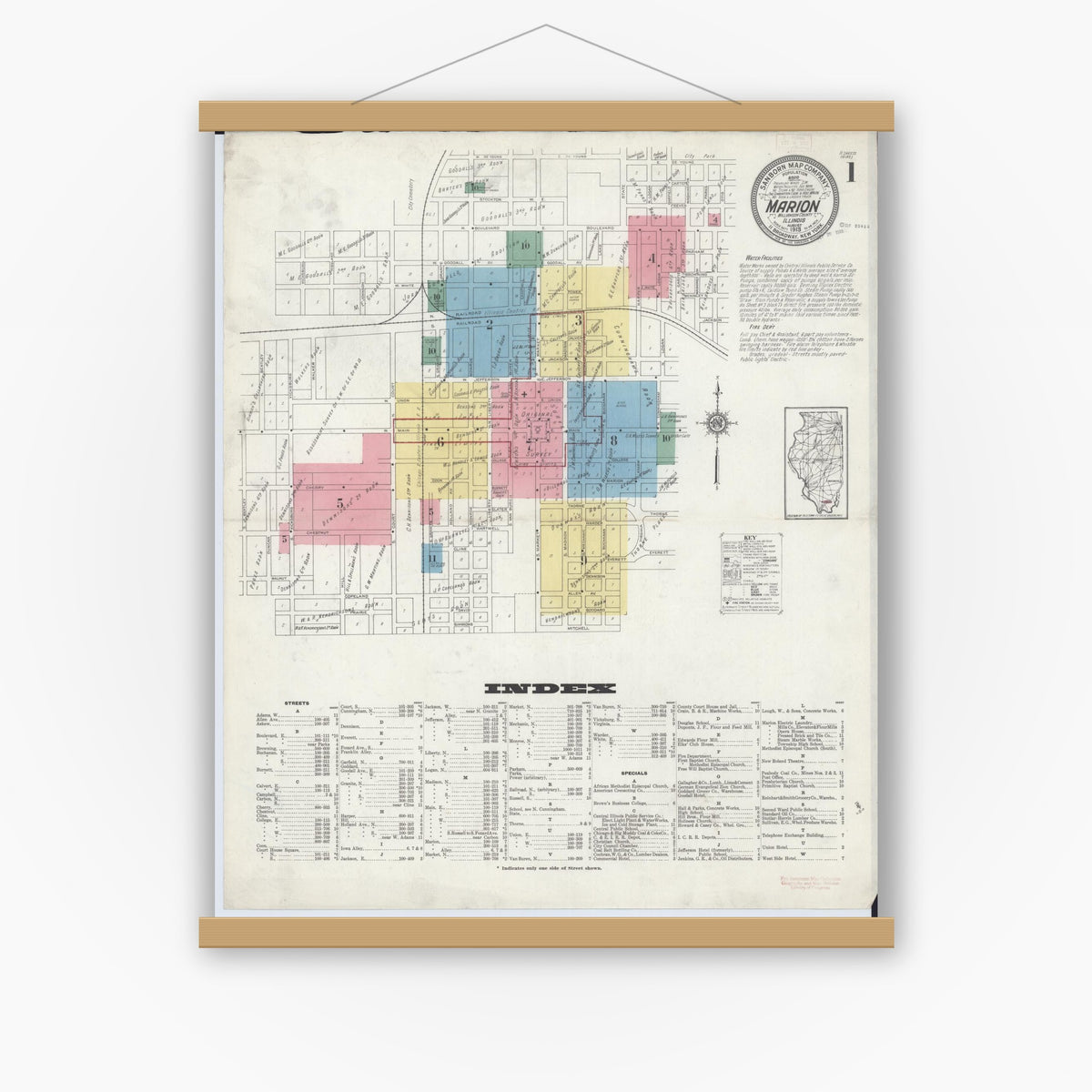 Old map wall art mockup — magnetic wood frame on white wall — Sanborn Fire Insurance Map from Marion, Williamson County, Illinois (1913) - Complete Map Set