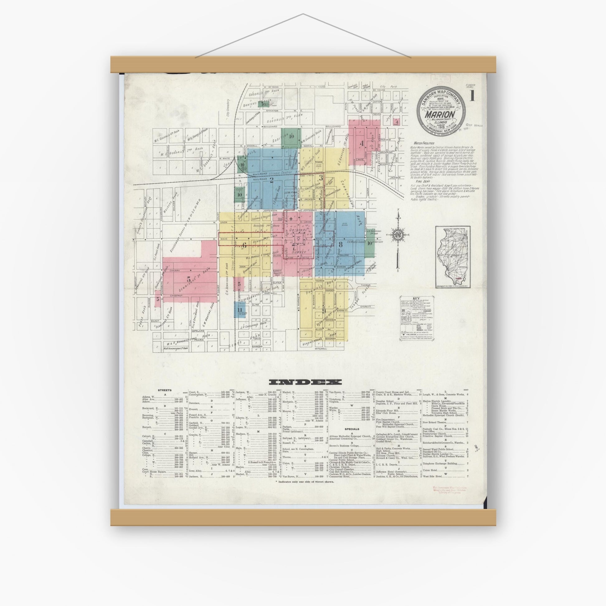 Old map wall art mockup — magnetic wood frame on white wall — Sanborn Fire Insurance Map from Marion, Williamson County, Illinois (1913) - Complete Map Set
